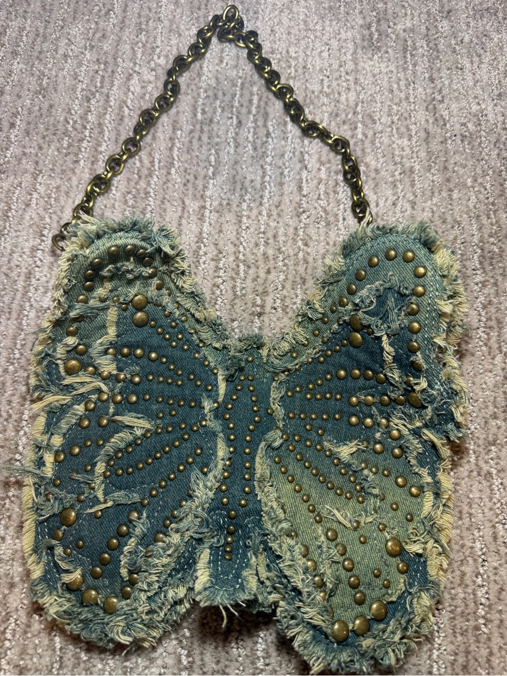 Denim Butterfly Studded Shoulder Bag - Blue